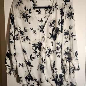 West Kei Women's Top SheerWhite with Black Flower Print three quarter sleeves